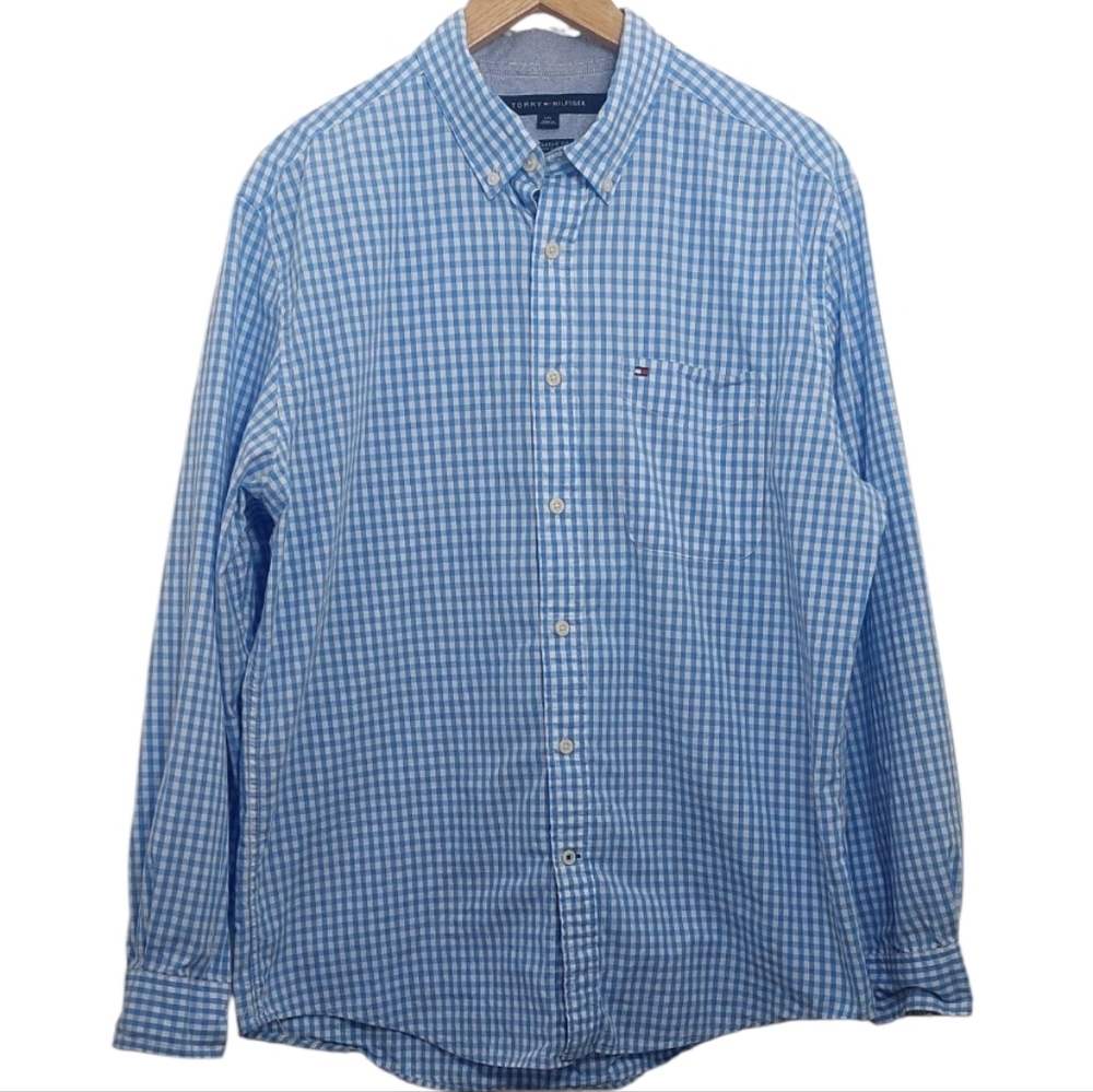 Tommy Hilfiger Men's Size Large Button Up Long Sleeve Blue Check Shirt Top